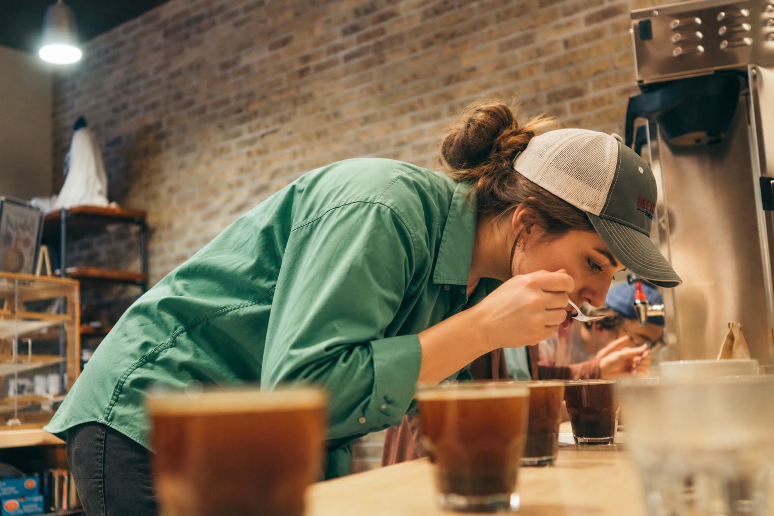 A person tasting coffee with a spoon among several cups in a café.
